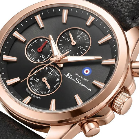 The Watch Boutique Ben Sherman Men's Rose Gold Chronograph Watch with Black Dial & Black Leather Strap