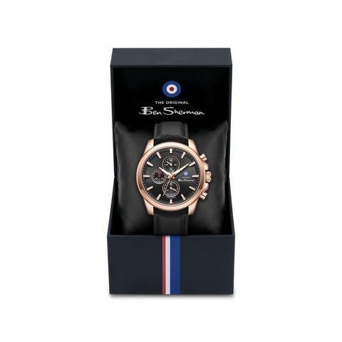 The Watch Boutique Ben Sherman Men's Rose Gold Chronograph Watch with Black Dial & Black Leather Strap