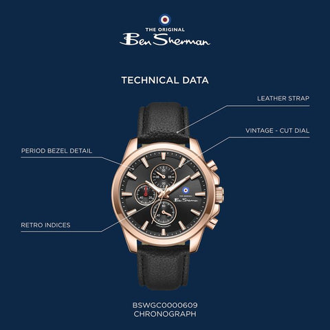 The Watch Boutique Ben Sherman Men's Rose Gold Chronograph Watch with Black Dial & Black Leather Strap