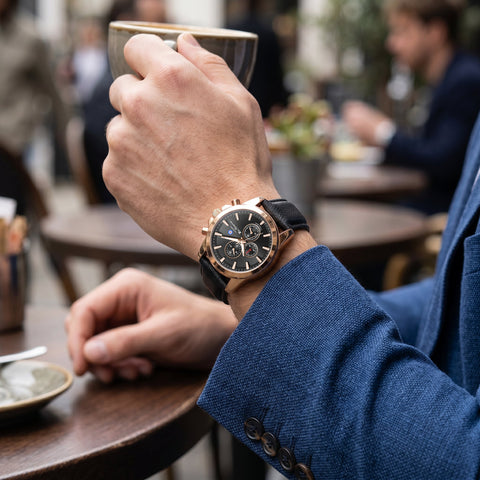 The Watch Boutique Ben Sherman Men's Rose Gold Chronograph Watch with Black Dial & Black Leather Strap