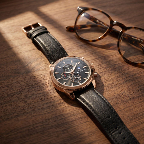 The Watch Boutique Ben Sherman Men's Rose Gold Chronograph Watch with Black Dial & Black Leather Strap
