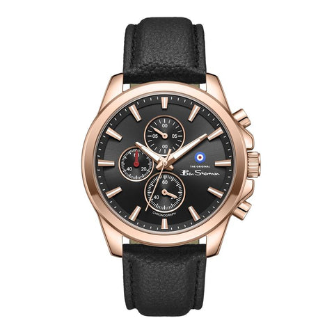 The Watch Boutique Ben Sherman Men's Rose Gold Chronograph Watch with Black Dial & Black Leather Strap