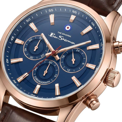 The Watch Boutique Ben Sherman Men's Rose Gold Chronograph Watch with Blue Dial & Brown Leather Strap