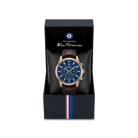The Watch Boutique Ben Sherman Men's Rose Gold Chronograph Watch with Blue Dial & Brown Leather Strap