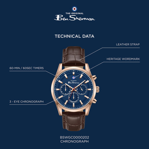 The Watch Boutique Ben Sherman Men's Rose Gold Chronograph Watch with Blue Dial & Brown Leather Strap