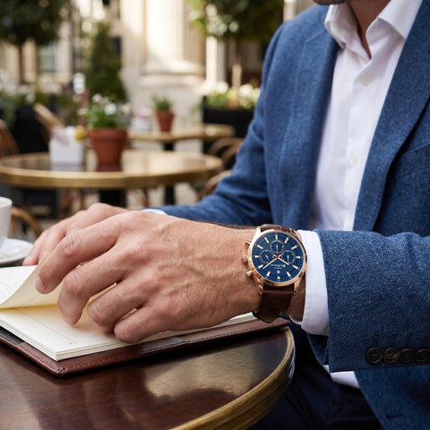 The Watch Boutique Ben Sherman Men's Rose Gold Chronograph Watch with Blue Dial & Brown Leather Strap