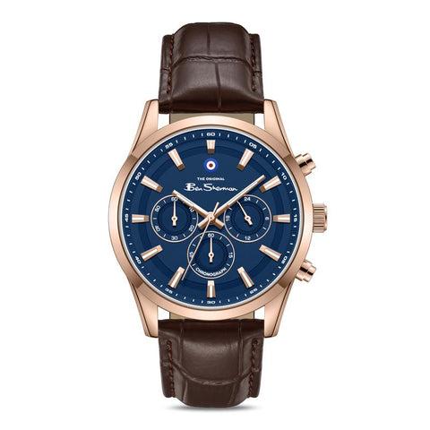 The Watch Boutique Ben Sherman Men's Rose Gold Chronograph Watch with Blue Dial & Brown Leather Strap
