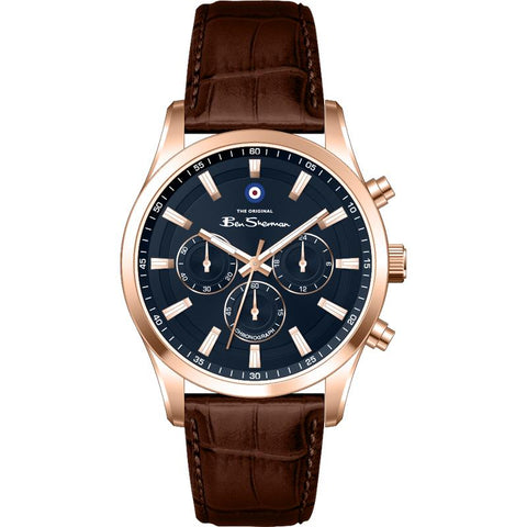 The Watch Boutique Ben Sherman Men's Rose Gold Chronograph Watch with Blue Dial & Brown Leather Strap