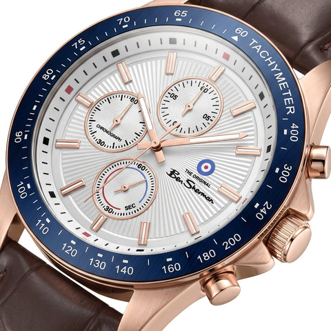 The Watch Boutique Ben Sherman Men's Rose Gold Chronograph Watch with Brown Leather Strap