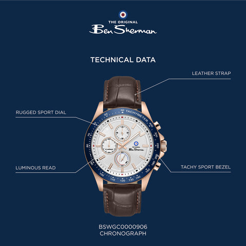 The Watch Boutique Ben Sherman Men's Rose Gold Chronograph Watch with Brown Leather Strap
