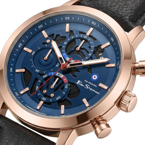 The Watch Boutique Ben Sherman Men's Rose Gold Skeleton Chronograph Watch with Black Leather Strap