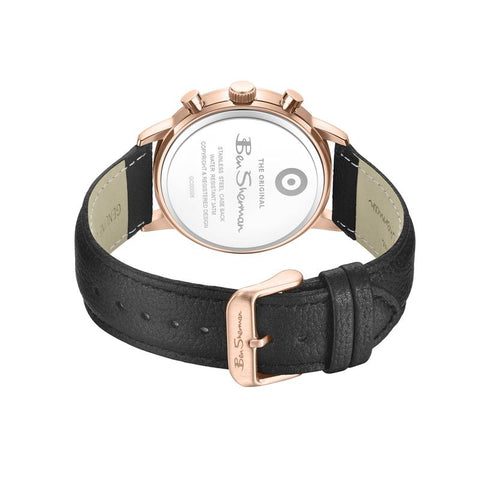 The Watch Boutique Ben Sherman Men's Rose Gold Skeleton Chronograph Watch with Black Leather Strap
