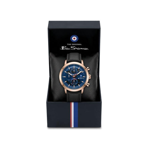 The Watch Boutique Ben Sherman Men's Rose Gold Skeleton Chronograph Watch with Black Leather Strap