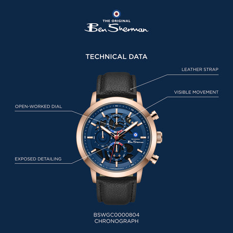 The Watch Boutique Ben Sherman Men's Rose Gold Skeleton Chronograph Watch with Black Leather Strap