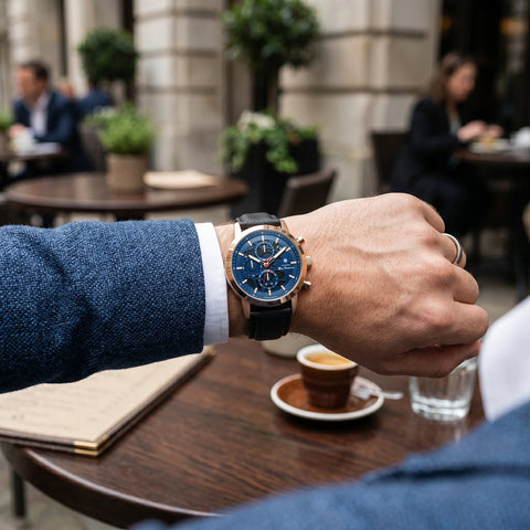 The Watch Boutique Ben Sherman Men's Rose Gold Skeleton Chronograph Watch with Black Leather Strap