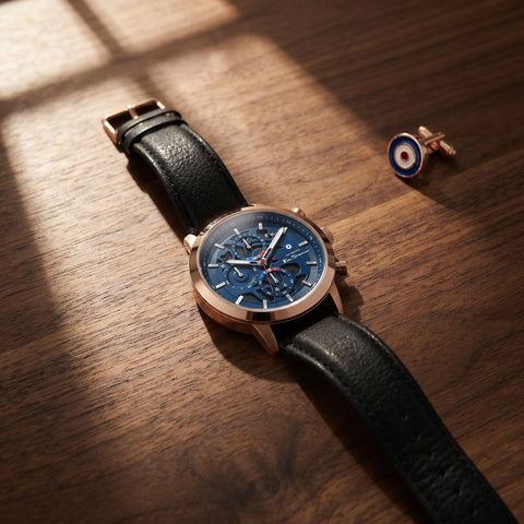 The Watch Boutique Ben Sherman Men's Rose Gold Skeleton Chronograph Watch with Black Leather Strap