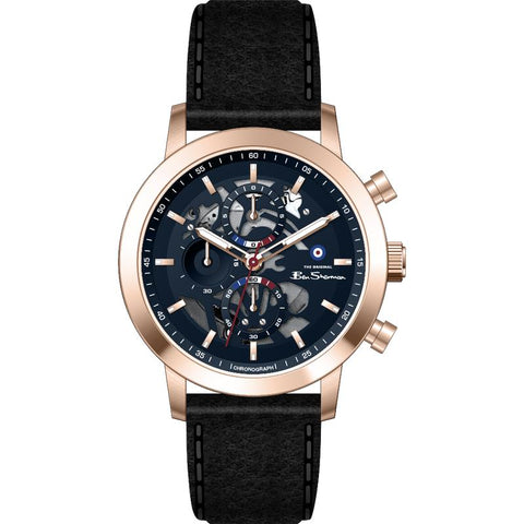 The Watch Boutique Ben Sherman Men's Rose Gold Skeleton Chronograph Watch with Black Leather Strap