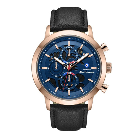 The Watch Boutique Ben Sherman Men's Rose Gold Skeleton Chronograph Watch with Black Leather Strap