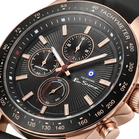 The Watch Boutique Ben Sherman Men’s Rose Gold-Tone Chronograph Watch with Black Dial and Silicone Strap