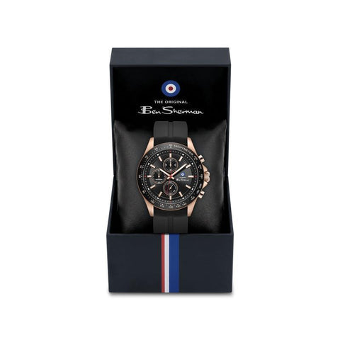 The Watch Boutique Ben Sherman Men’s Rose Gold-Tone Chronograph Watch with Black Dial and Silicone Strap