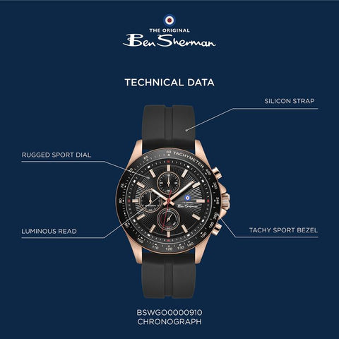 The Watch Boutique Ben Sherman Men’s Rose Gold-Tone Chronograph Watch with Black Dial and Silicone Strap