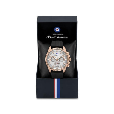 The Watch Boutique Ben Sherman Men’s Rose Gold-Tone Chronograph Watch with Black Silicone Strap