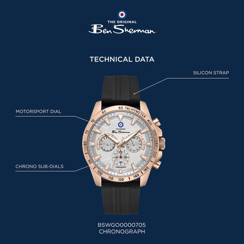 The Watch Boutique Ben Sherman Men’s Rose Gold-Tone Chronograph Watch with Black Silicone Strap