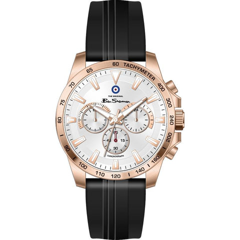 Ben Sherman Men’s Rose Gold-Tone Chronograph Watch with Black Silicone Strap