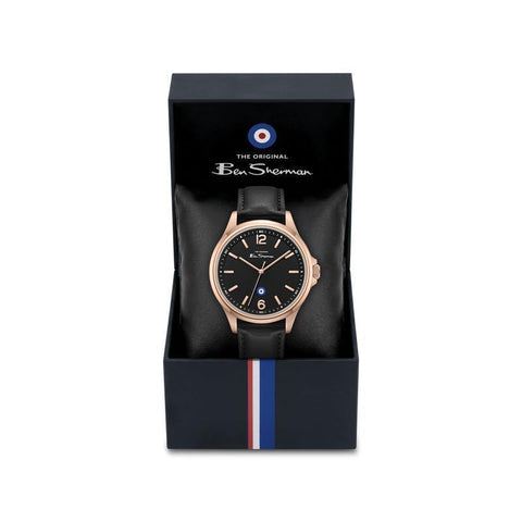 The Watch Boutique Ben Sherman Men’s Rose Gold-Tone Watch with Black Dial and Leather Strap