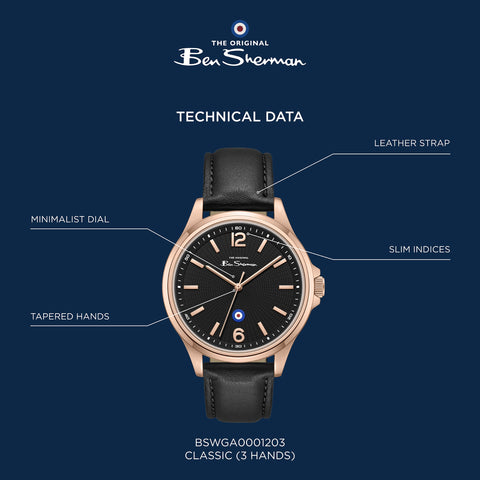 The Watch Boutique Ben Sherman Men’s Rose Gold-Tone Watch with Black Dial and Leather Strap