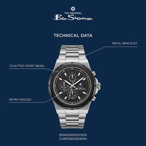 The Watch Boutique Ben Sherman Men's Silver & Black Chronograph Watch with Stainless Steel Bracelet
