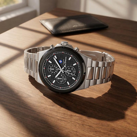 The Watch Boutique Ben Sherman Men's Silver & Black Chronograph Watch with Stainless Steel Bracelet