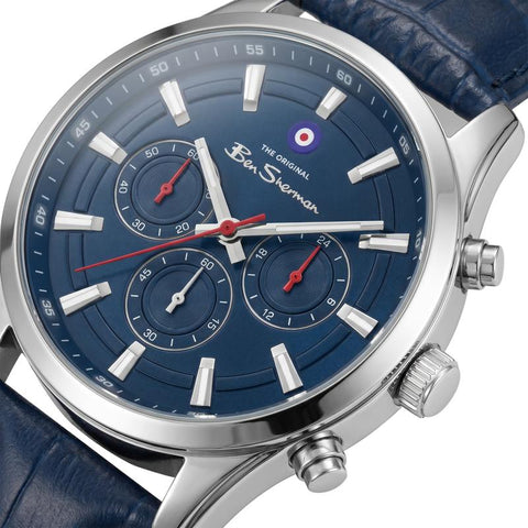 The Watch Boutique Ben Sherman Men's Silver Chronograph Watch with Blue Dial & Blue Leather Strap