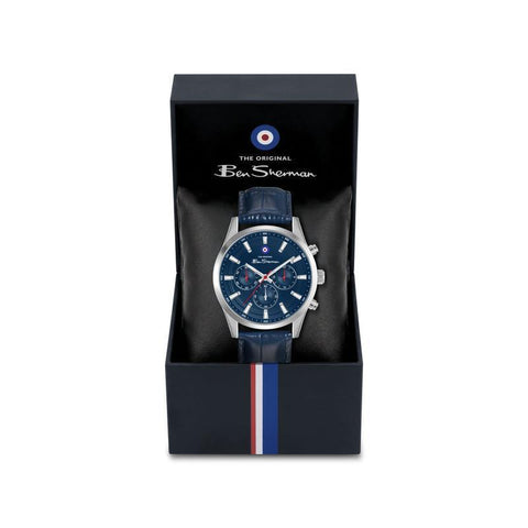 The Watch Boutique Ben Sherman Men's Silver Chronograph Watch with Blue Dial & Blue Leather Strap