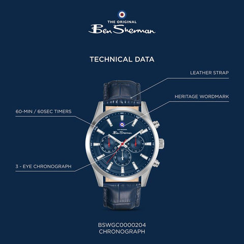The Watch Boutique Ben Sherman Men's Silver Chronograph Watch with Blue Dial & Blue Leather Strap