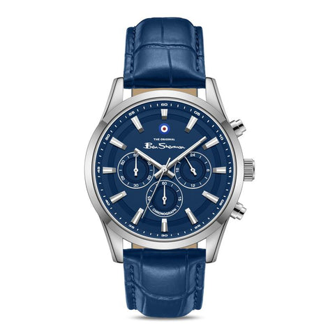 The Watch Boutique Ben Sherman Men's Silver Chronograph Watch with Blue Dial & Blue Leather Strap