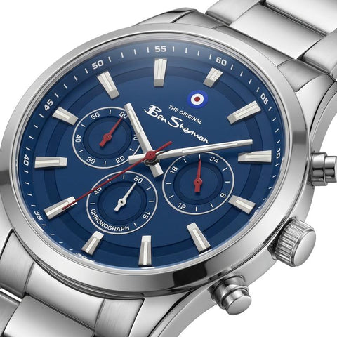 The Watch Boutique Ben Sherman Men's Silver Chronograph Watch with Blue Dial & Stainless Steel Bracelet