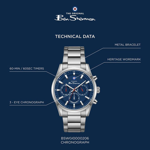 The Watch Boutique Ben Sherman Men's Silver Chronograph Watch with Blue Dial & Stainless Steel Bracelet