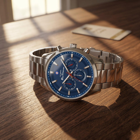 The Watch Boutique Ben Sherman Men's Silver Chronograph Watch with Blue Dial & Stainless Steel Bracelet