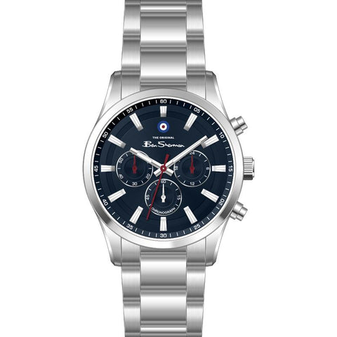 The Watch Boutique Ben Sherman Men's Silver Chronograph Watch with Blue Dial & Stainless Steel Bracelet