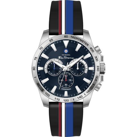 Ben Sherman Men's Silver Chronograph Watch with Navy Dial & Black Silicone Strap