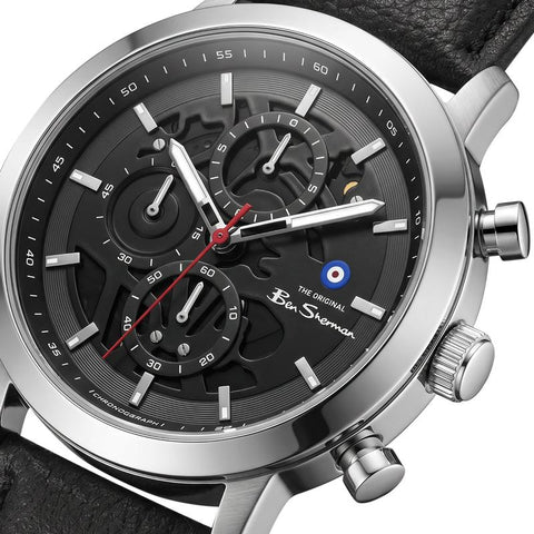 The Watch Boutique Ben Sherman Men's Silver Skeleton Chronograph Watch with Black Leather Strap