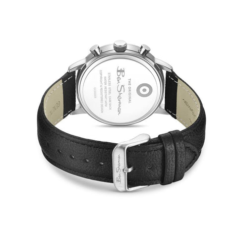 The Watch Boutique Ben Sherman Men's Silver Skeleton Chronograph Watch with Black Leather Strap