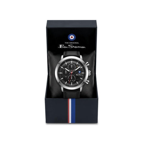 The Watch Boutique Ben Sherman Men's Silver Skeleton Chronograph Watch with Black Leather Strap