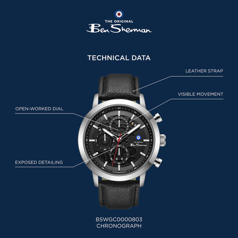 The Watch Boutique Ben Sherman Men's Silver Skeleton Chronograph Watch with Black Leather Strap