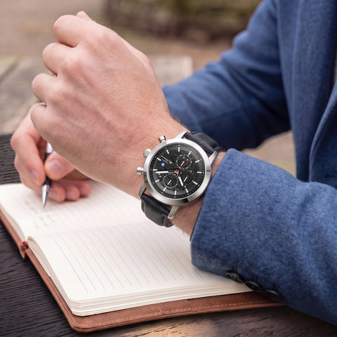 The Watch Boutique Ben Sherman Men's Silver Skeleton Chronograph Watch with Black Leather Strap