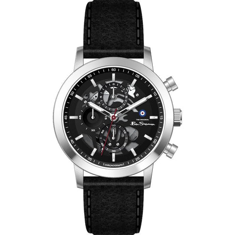 The Watch Boutique Ben Sherman Men's Silver Skeleton Chronograph Watch with Black Leather Strap