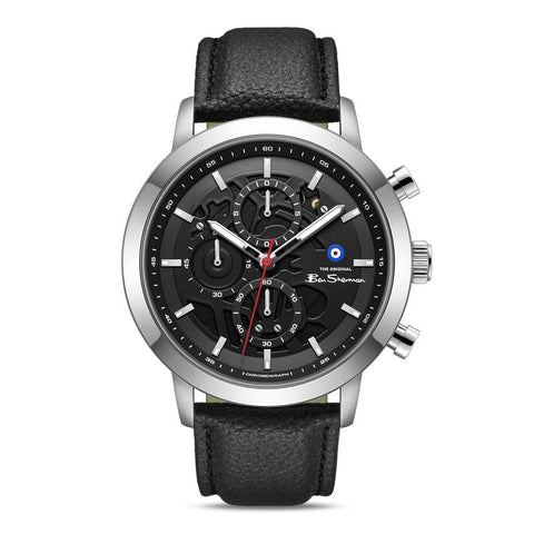 The Watch Boutique Ben Sherman Men's Silver Skeleton Chronograph Watch with Black Leather Strap