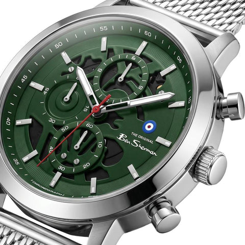 The Watch Boutique Ben Sherman Men's Silver Skeleton Chronograph Watch with Green Dial & Stainless Steel Mesh Bracelet