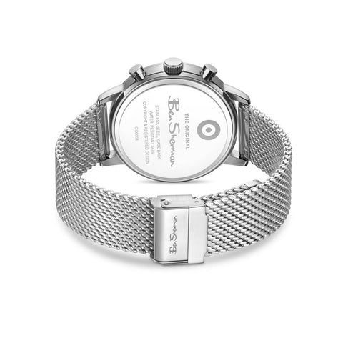 The Watch Boutique Ben Sherman Men's Silver Skeleton Chronograph Watch with Green Dial & Stainless Steel Mesh Bracelet